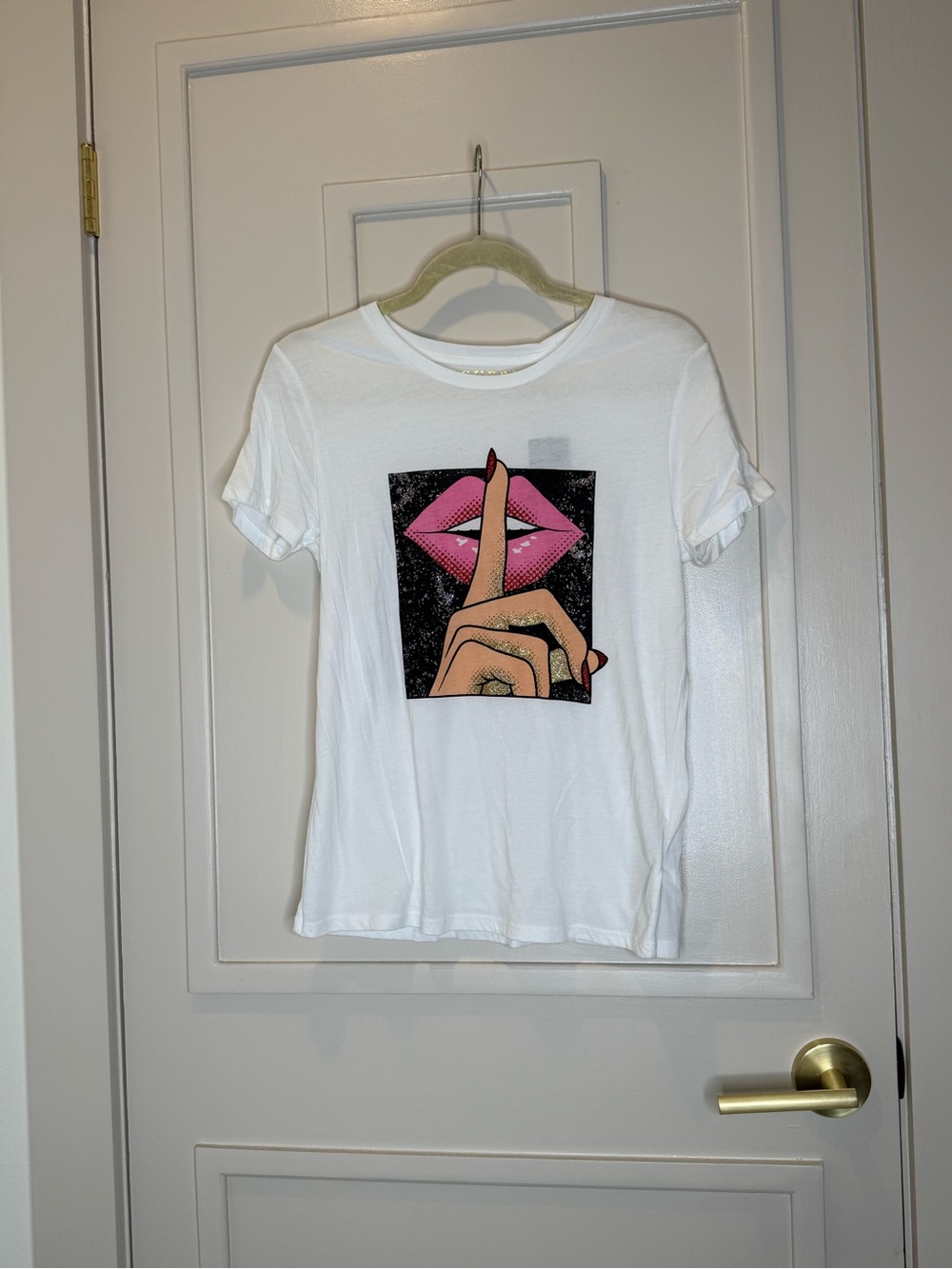 Guess White Tee with Pink Lips Shh Graphic